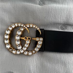 Crystal Double-G Buckle Leather Belt - Black